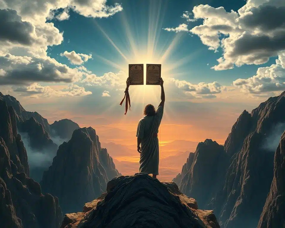 Moses receiving Ten Commandments on Mount Sinai