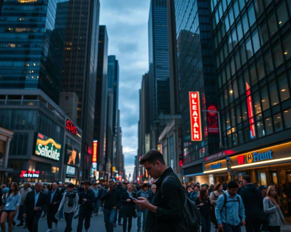 A bustling cityscape at dusk, towering skyscrapers casting long shadows over a crowded street below. In the foreground, a solitary figure pauses, gaze fixed on their mobile device, seemingly disconnected from the hurried pace of modern life. The middle ground reveals a diverse array of pedestrians, each navigating the challenges of urban living - from the harried businessperson to the weary commuter. In the background, a glowing neon sign flickers, hinting at the allure of materialism and the temptation to prioritize the temporal over the eternal. The scene conveys a sense of isolation and the struggle to maintain spiritual focus amidst the distractions of the modern world.
