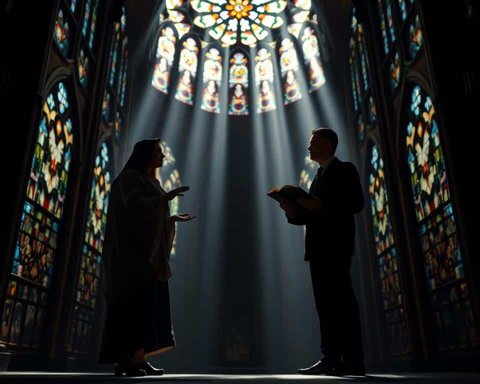 A dimly lit cathedral interior, stained glass windows casting kaleidoscopic light. At the center, two figures representing Faith and Logic stand in a symbolic confrontation, their silhouettes contrasting against the ornate backdrop. The figure of Faith is cloaked in flowing robes, hands outstretched in a gesture of reverence, while the figure of Logic is clad in a tailored suit, holding a book and compass. Shafts of light illuminate the tension between the two, inviting the viewer to contemplate the delicate balance between spiritual belief and rational inquiry. The scene is captured with a shallow depth of field, drawing the eye to the central figures and creating an atmosphere of contemplation and introspection.