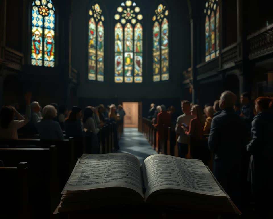 A dimly lit cathedral interior, stained glass windows casting kaleidoscopic shadows across intricate wooden pews. In the foreground, a group of people stand with puzzled expressions, hands raised in confusion, as if grappling with long-held beliefs. The middle ground reveals an aged tome, its pages fluttering, symbolic of the unresolved questions that linger. The background fades into a muted, ethereal haze, suggesting the elusive nature of religious truths. Dramatic chiaroscuro lighting creates a sense of contemplation and mystery, inviting the viewer to ponder the nuances of Christian doctrine.