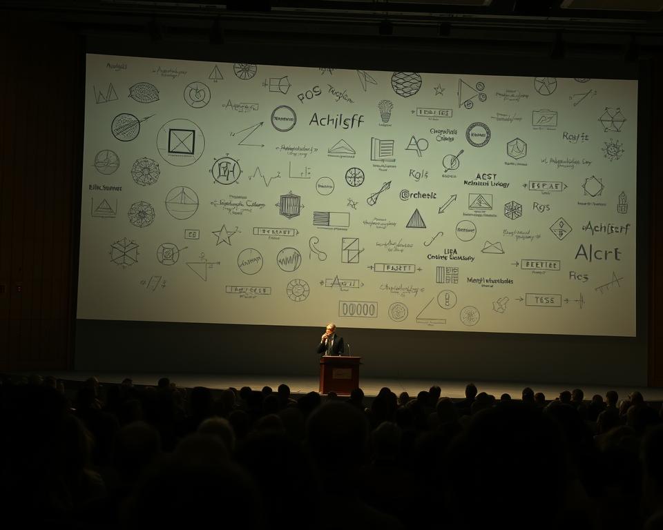 A dimly lit lecture hall, the stage bathed in a warm, contemplative glow. On the podium, a lone figure stands, deep in thought, surrounded by a swirling cloud of philosophical concepts - intricate diagrams, symbolic equations, and thought-provoking arguments. The audience, seated in rapt attention, is illuminated by the flickering light of a projector screen, showcasing the core tenets of atheist ideology. The scene exudes a sense of intellectual rigor, as if the very air is charged with the weight of the discourse. Subtle shadows cast by the stage lighting lend an air of gravitas to the proceedings, inviting the viewer to engage with the ideas presented.