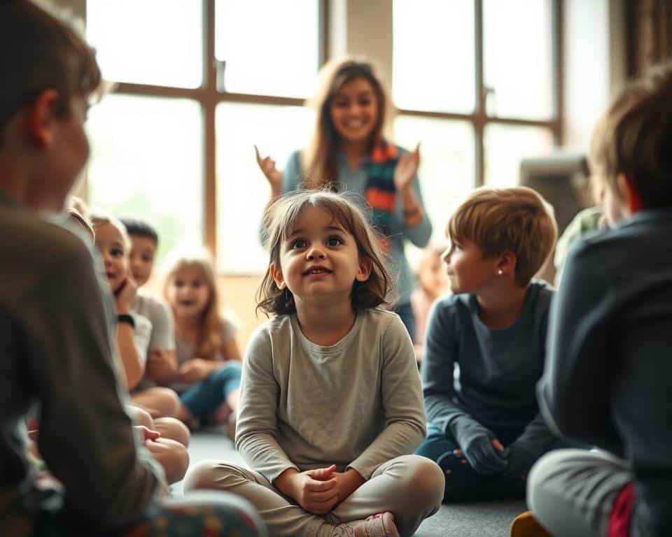 A group of children gathered in a warm, inviting classroom, their faces alight with curiosity as they listen intently to a teacher sharing the teachings of the Christian faith. The soft, natural lighting filters through large windows, casting a gentle glow on the scene. In the foreground, a young girl sits cross-legged, her eyes wide with wonder, while her peers lean in, eager to learn. In the middle ground, the teacher, a kind and compassionate figure, gestures animatedly, their words resonating with the students. The background is subtly blurred, focusing the viewer's attention on the intimate, transformative moment unfolding before them. The overall atmosphere is one of reverence, discovery, and the profound joy of building a foundation in the Christian faith.