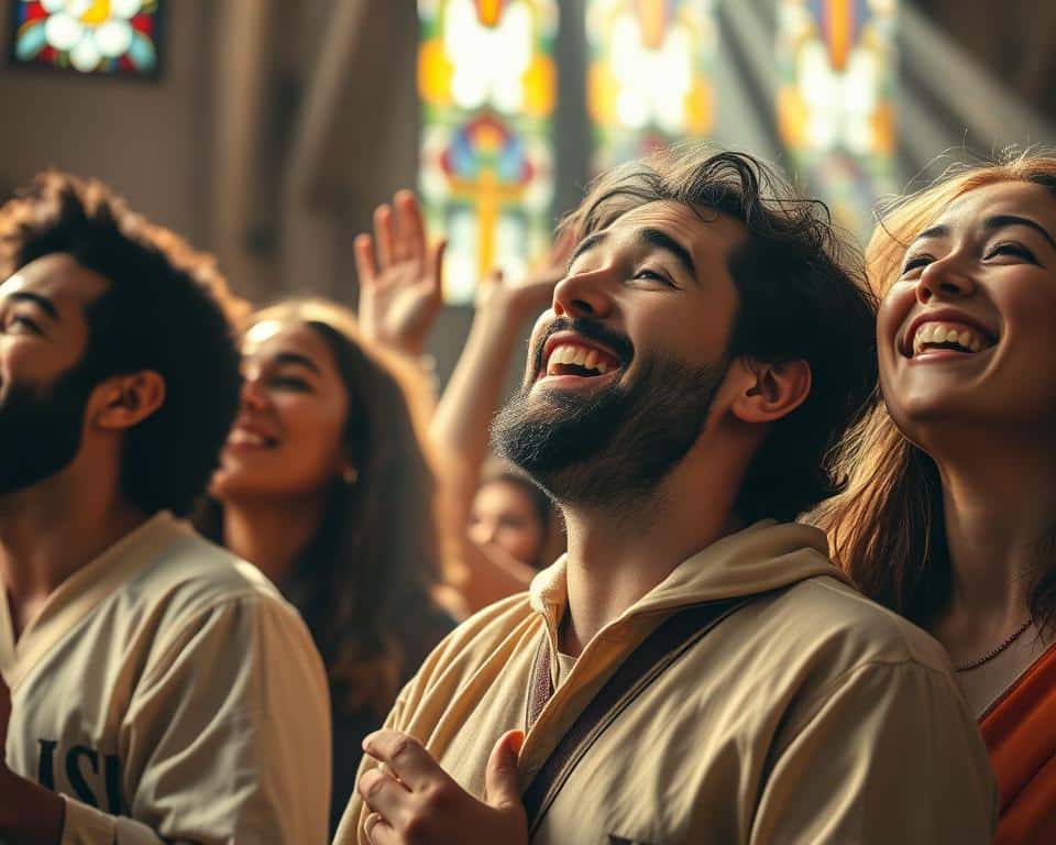 A group of devout Christians, their faces radiating with joy, raise their hands in praise as they endure suffering with unwavering faith. Sunbeams filter through stained glass windows, casting a warm, ethereal glow upon the scene. The intricate details of their clothing and expressions convey a profound sense of inner peace and spiritual triumph, even in the face of adversity. Shot with a high-resolution camera lens, this hyper-realistic image captures the essence of Christian resilience and the transformative power of faith.