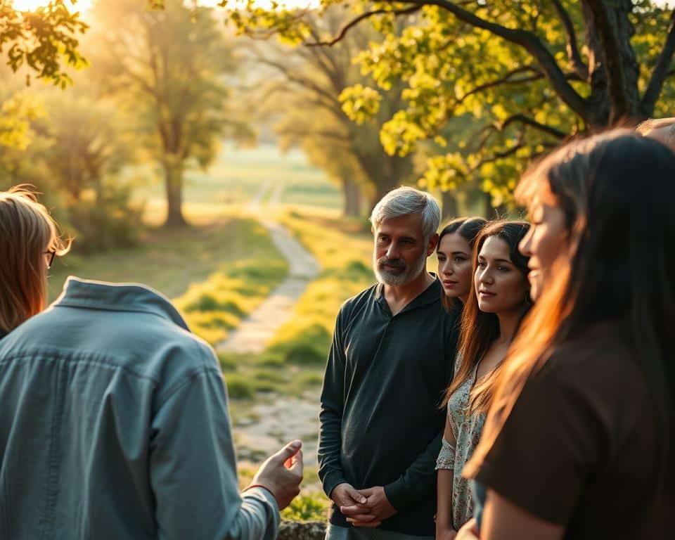 A group of people gathered in a peaceful outdoor setting, their faces exuding a sense of contemplation and community. In the foreground, a mentor figure gestures while a small circle of disciples listen intently, their expressions conveying an openness to learning and spiritual growth. The middle ground features a lush, verdant landscape with a path leading towards a distant horizon, symbolizing the journey of discipleship. Warm, golden sunlight filters through the trees, casting a serene and inspirational atmosphere. The composition is balanced, with the central figures drawing the viewer's eye, while the surrounding environment provides a calming, contemplative backdrop.