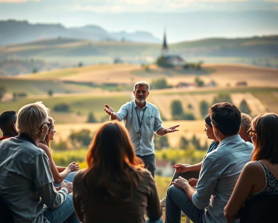 A group of people in a tranquil setting, engaged in thoughtful discussion and spiritual reflection. The foreground depicts individuals sitting in a circle, their faces illuminated by soft, natural lighting, exuding an atmosphere of serene contemplation. In the middle ground, a single mentor figure stands, gesturing with an open palm, guiding the group in a shared journey of discipleship. The background showcases a serene, picturesque landscape, with rolling hills and a distant church steeple, symbolizing the deep-rooted faith and community that underpins the scene. Hyper-realistic professional photography.