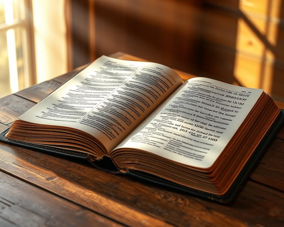 A high-resolution, hyper-realistic photograph of an open Bible lying on a wooden table, with rays of soft, golden light streaming through a nearby window, illuminating the pages. The book's leather cover is worn and weathered, hinting at its age and history. The pages are crisp and well-preserved, revealing intricate details of the text and illustrations. The lighting casts subtle shadows, adding depth and dimension to the scene. The overall atmosphere is one of reverence and contemplation, inviting the viewer to ponder the profound insights contained within the sacred text.