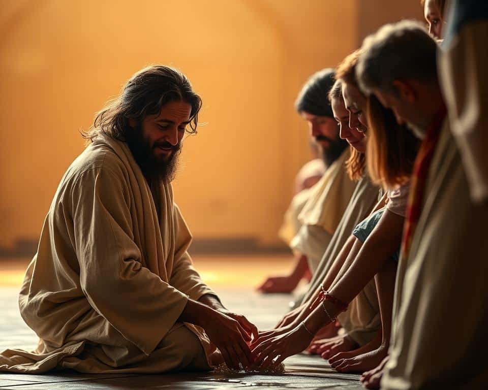 A humble Jesus kneels, towel in hand, as he tenderly washes the feet of his disciples. His expression radiates compassion and sacrifice, a portrait of servant leadership. The scene is captured in warm, soft lighting, casting an intimate, reverent atmosphere. The background is a simple, uncluttered space, allowing the central act of humility to take center stage. Captured through the lens of a professional photographer, this image powerfully conveys the essence of Jesus' example and the call to adopt a servant's heart.