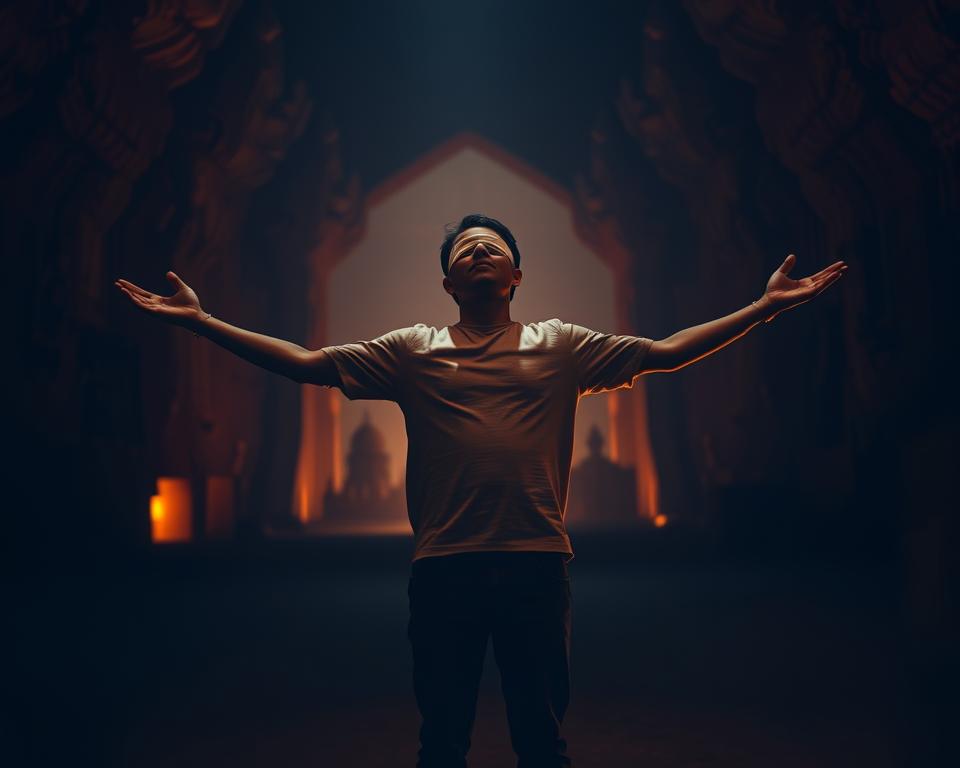 A lone, blindfolded individual stands in a dimly lit, cavernous space, their arms outstretched in a gesture of unwavering faith. The scene is bathed in a warm, ethereal glow, creating an atmosphere of reverence and uncertainty. In the background, faint silhouettes of towering, ancient structures loom, hinting at the weight of tradition and the enduring power of belief. The camera angle is shot from a low perspective, emphasizing the subject's vulnerability and the vastness of the environment, inviting the viewer to contemplate the nature of faith in the absence of tangible evidence.