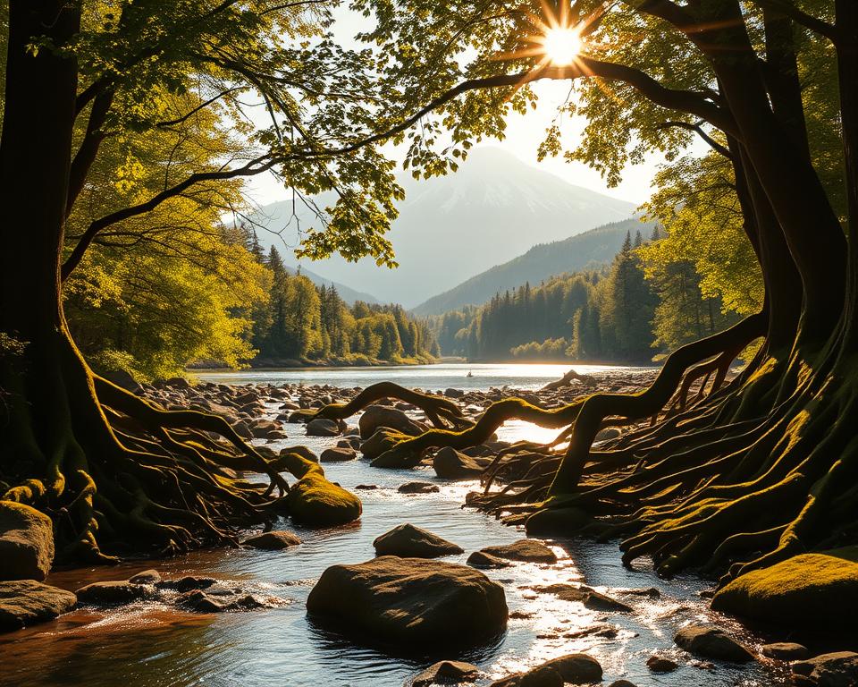 A lush, verdant forest canopy filters soft, golden sunlight upon a serene, meandering river. Mossy rocks and ancient, twisting tree roots frame the gently flowing water, creating a tranquil, almost sacred scene. In the distance, a majestic mountain range rises, its snowcapped peaks reaching skyward. The entire landscape radiates a sense of awe-inspiring beauty and order, hinting at the hand of a divine Creator. The scene is captured with cinematic clarity, using a wide-angle lens to convey the grandeur of the natural world. Warm, earthy tones and dramatic chiaroscuro lighting imbue the image with a reverent, almost spiritual atmosphere.