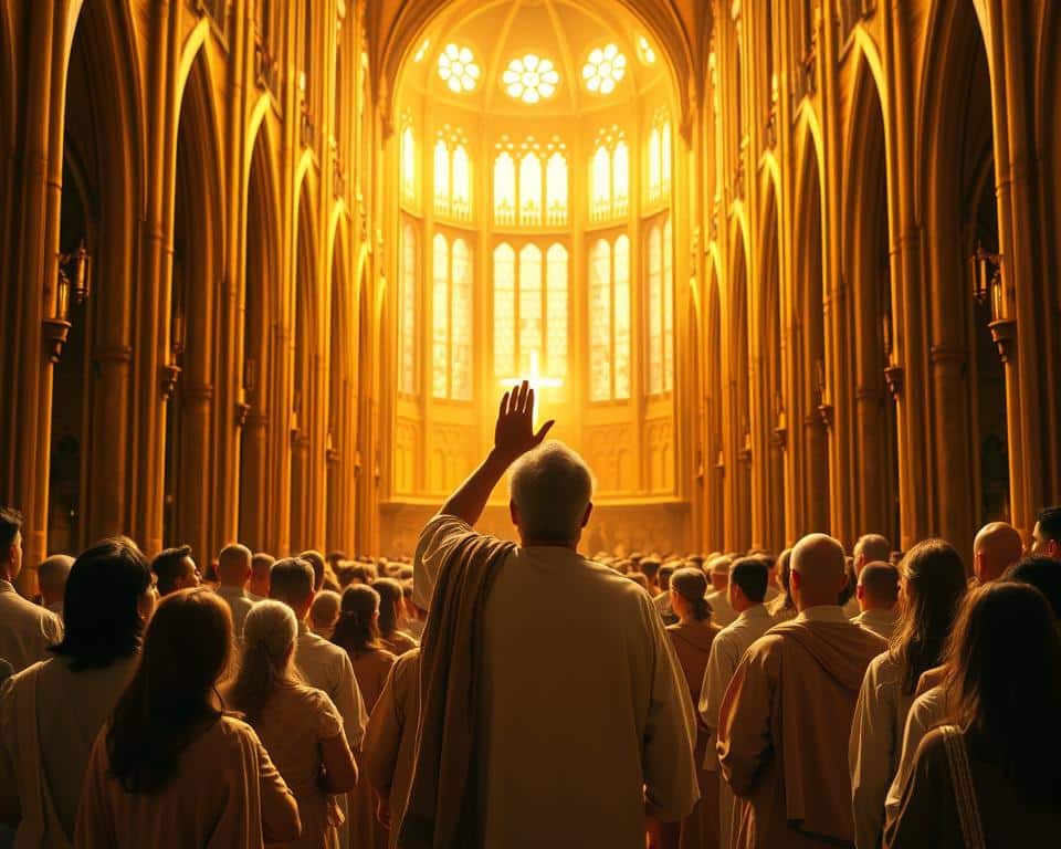 A majestic scene set in a grand cathedral, its towering arches and stained-glass windows bathed in warm, golden light. In the foreground, a group of disciples stands in reverence, their faces alight with purpose as they receive the Great Commission – the command to go forth and make disciples of all nations. The middle ground features a central figure, hand raised in blessing, surrounded by a halo of divine radiance. In the background, the vast, cavernous space of the cathedral recedes into the distance, creating a sense of awe and spiritual grandeur. Hyper-realistic, professional-grade photography, with a cinematic depth of field and meticulously crafted lighting to capture the profound significance of this pivotal moment.