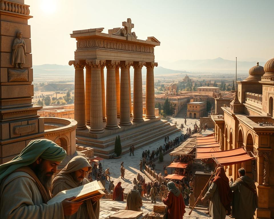 A majestic stone temple stands tall, its intricate carvings and towering columns reflecting the grandeur of an ancient civilization. In the foreground, a group of scholars pore over ancient scrolls, their robes and facial features rendered with meticulous detail. The middle ground showcases a bustling marketplace, where merchants peddle their wares against a backdrop of sun-dappled alleyways and ornate archways. In the distance, rolling hills and a hazy horizon suggest the vast geographical context of the biblical narratives. The scene is bathed in warm, golden light, creating a sense of timeless splendor and historical significance.