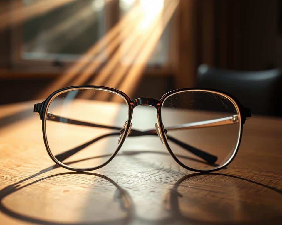 A pair of eyeglasses resting on a wooden table, their lenses refracting the world into a kaleidoscope of shifting perspectives. The frames cast soft shadows, hinting at the transformative power of this simple optical device. Beams of warm, directional light filter through a nearby window, illuminating the scene with a contemplative, introspective atmosphere. The image invites the viewer to consider how our individual worldviews shape the way we perceive and interpret reality, just as a lens alters the light that passes through it.