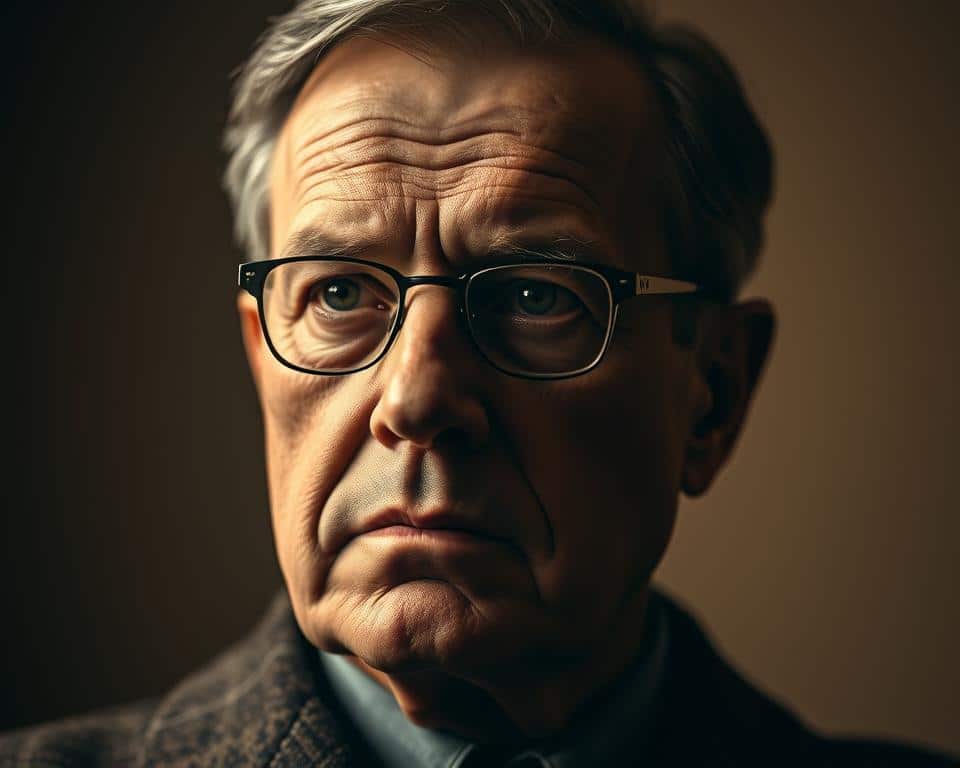 A pensive, introspective portrait of Dietrich Bonhoeffer, a prominent German Lutheran pastor and theologian, set against a softly blurred, contemplative background. Bonhoeffer's face is captured in crisp, high-resolution detail, his brow furrowed in deep thought, his eyes reflecting a profound sense of purpose and moral conviction. The lighting is warm and directional, casting subtle shadows that accentuate the planes of his face, creating a sense of depth and drama. The composition is balanced and intentional, drawing the viewer's gaze to Bonhoeffer's powerful expression, which conveys the gravity and complexity of "The Cost of Discipleship" he so eloquently explored.