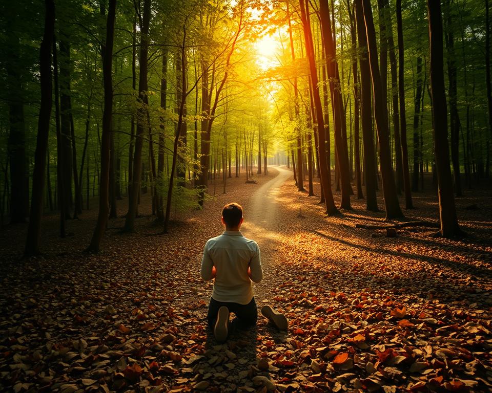 A person kneeling in a tranquil forest, their hands clasped in prayer, surrounded by a warm, golden light filtering through the verdant canopy above. The forest floor is blanketed with fallen leaves, a symbol of letting go and embracing change. In the distance, a winding path leads deeper into the woods, representing the journey of spiritual growth. The atmosphere is one of introspection, connection, and the transformative power of accountability.