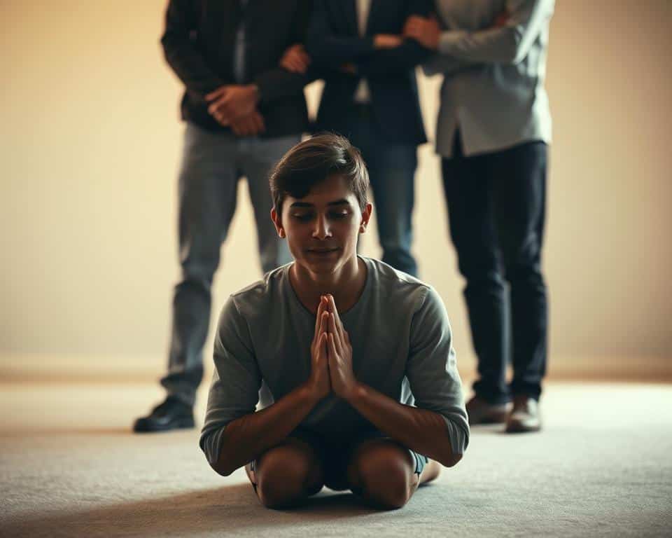 A person kneeling in prayer, their hands clasped, a solemn expression on their face, bathed in soft, warm light. Behind them, two figures stand together, one hand on the other's shoulder, a gesture of accountability and discipleship. The background is a serene, minimalist environment, with clean lines and muted colors, emphasizing the focus on the central relationship. The image conveys a sense of reverence, guidance, and the importance of spiritual growth within a supportive community. Captured with a high-quality, large-format camera, the scene is rendered in hyper-realistic detail, evoking a sense of profound introspection and the weight of personal responsibility.