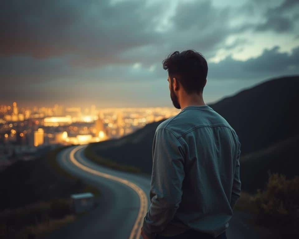 A person standing at a crossroads, deep in contemplation, facing the challenge of balancing the demands of daily life and the pursuit of spiritual growth. Soft, warm lighting illuminates their thoughtful expression, as they gaze upon a winding path leading to both the bustling city and a serene, tranquil landscape. The scene is captured through a wide-angle lens, highlighting the scale of the decision they must make, with the foreground and background in sharp focus, conveying the gravity of the moment. The atmosphere is one of introspection and quiet resolve, as the individual seeks to reconcile the conflicting pulls of the earthly and the divine.