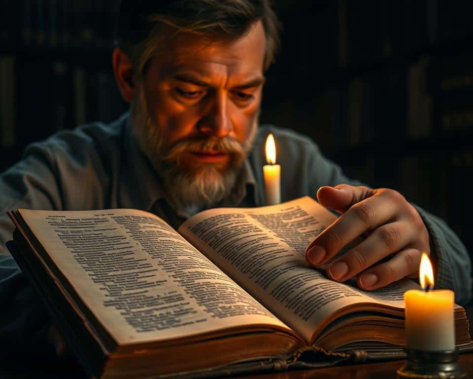 A serene and contemplative scene of a biblical scholar meticulously studying ancient scriptures, their face illuminated by the warm glow of a solitary candle. In the foreground, a weathered leather-bound tome rests open, its pages revealing intricate calligraphic text. The scholar's hands, calloused from years of dedicated study, delicately turn the yellowed pages, their expression one of deep concentration and reverence. The background fades into a dimly lit, shadowy library, hinting at the boundless wisdom and knowledge contained within the towering bookshelves. The lighting is soft and dramatic, casting subtle shadows that accentuate the scholar's features and the rich textures of the environment. This scene conveys the profound sense of discovery and the unwavering commitment to sharing the timeless truths of the biblical foundation.