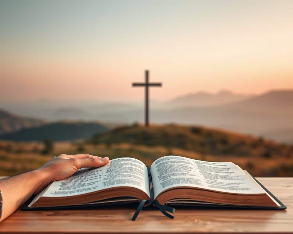 A serene and minimalist composition capturing the essence of practical discipleship. In the foreground, a person's hands gently holding an open Bible, symbolizing the foundational role of Scripture in daily spiritual growth. The middle ground showcases a simple cross, a reminder of Christ's sacrifice and the core of the Christian faith. In the background, a tranquil landscape with soft, warm lighting creates a contemplative atmosphere, inviting the viewer to pause and reflect on the daily application of discipleship. Captured with a sharp, high-resolution lens, this image conveys a sense of focus, simplicity, and a call to live out one's faith intentionally.