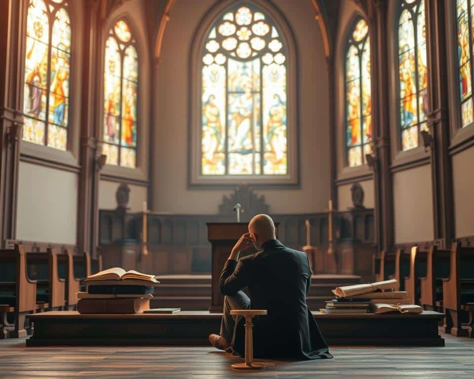 A serene church interior, with soft, warm lighting filtering through stained glass windows. At the center, a podium stands, a symbol of the role of reason in Christian faith. Books and scrolls surround the podium, representing the intellectual tradition of Christianity. In the foreground, a contemplative figure sits, deep in thought, pondering the interplay of faith and reason. The composition is balanced, inviting the viewer to reflect on the profound relationship between belief and understanding. The image conveys a sense of reverence and intellectual inquiry, capturing the essence of the section title "Understanding the Role of Reason in Christianity".