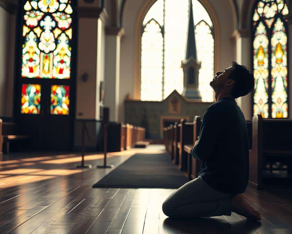 A serene, contemplative scene depicting the sacred practice of discipleship and prayer. In the foreground, a devout Christian kneels in reverent posture, eyes closed, hands clasped in prayerful meditation. Soft, warm lighting bathes the figure, conveying a sense of divine presence. The middle ground reveals a simple, yet elegant church interior, with ornate stained-glass windows casting a kaleidoscope of colors onto the polished wooden floors. In the background, a towering steeple reaches skyward, symbolizing the faithful's aspirations towards the heavens. The overall atmosphere is one of profound spiritual connection, where the individual's communion with the divine is the central focus.
