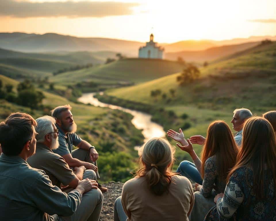 A serene, contemplative scene of discipleship in the gospel. In the foreground, a group of individuals - men and women of diverse ages and backgrounds - sit in a semicircle, their faces etched with a sense of quiet reverence as they listen intently to a teacher, his hands outstretched in an expression of guidance and wisdom. The middle ground features a lush, verdant landscape, with rolling hills and a gentle stream reflecting the warm, golden light of the setting sun. In the background, a simple yet elegant temple or church structure stands as a symbol of the spiritual foundation underlying their teachings. The atmosphere is one of tranquility, introspection, and a deep connection to the timeless truths of the gospel.