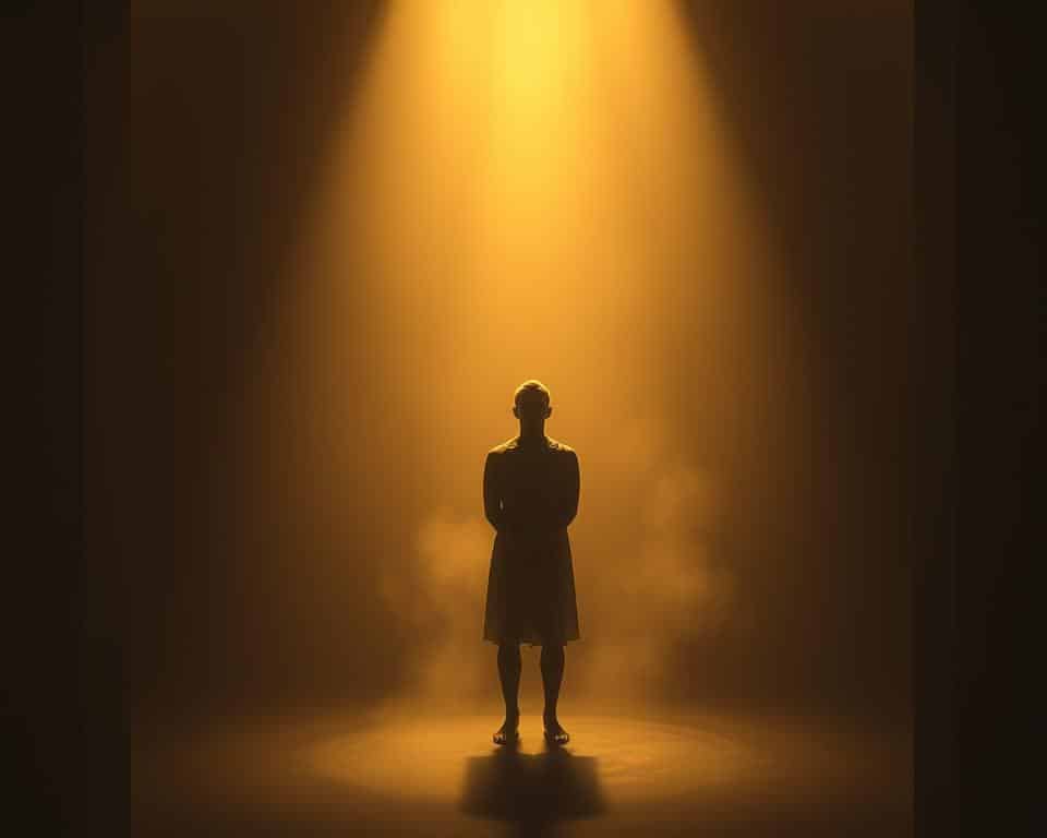 A serene, dimly lit interior with a single, solitary figure standing in the center, bathed in a soft, warm glow. The figure's gaze is transfixed, their expression one of contemplation and enlightenment. The background is shrouded in a hazy, atmospheric mist, creating a sense of depth and mystery. The lighting is subtle, with just enough contrast to highlight the subject's features and the textures of the space. The overall mood is one of introspection and spiritual awakening, encapsulating the transformative power of the truth that sets one free.
