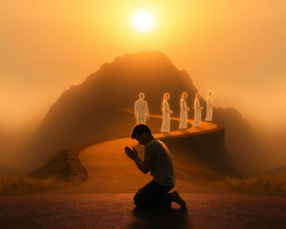 A serene, hyper-realistic scene depicting the stages of spiritual growth. In the foreground, a person kneeling in prayer, their face illuminated by a warm, golden light. Behind them, a series of translucent, ethereal figures representing the progression of their faith, each figure growing in size and luminosity. The middle ground features a winding path, symbolizing the journey of discipleship, leading towards a distant, radiant horizon. The background is bathed in a soft, hazy glow, creating a sense of tranquility and transcendence. The composition is balanced, with a sense of depth and motion, guiding the viewer's eye through the different stages of spiritual transformation.
