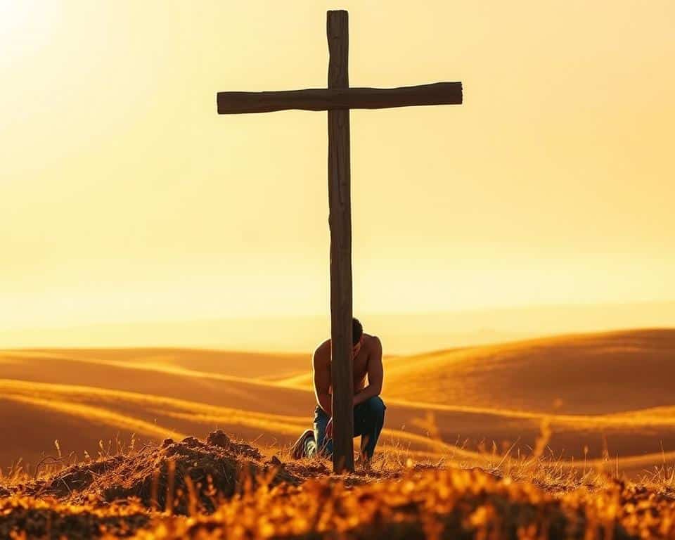 A serene landscape bathed in warm, golden light, with a lone, weathered cross standing in the foreground, casting a long shadow across the gently rolling hills. In the middle ground, a figure kneels in contemplation, their face etched with a complex mix of sorrow and resolve. The background is softly blurred, hinting at the vastness of the heavens above, a reminder of the larger purpose that transcends earthly suffering. The scene evokes a profound sense of spiritual introspection, inviting the viewer to ponder the meaning of pain and adversity within the Christian faith.