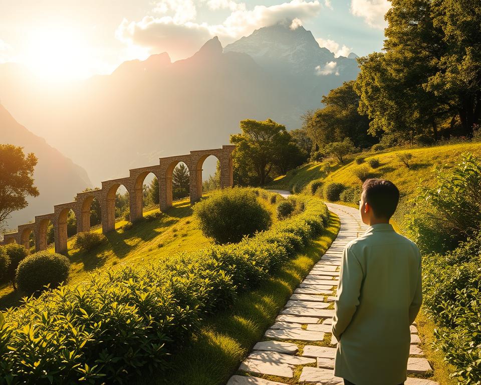A serene, sun-dappled garden, with a winding path leading through lush greenery. In the foreground, a traveler pauses, lost in contemplation, their face illuminated by an ethereal glow. The middle ground reveals a series of stone arches, each representing a distinct stage of spiritual growth - from seedling to blossoming flower. In the background, towering mountains rise, their peaks shrouded in wisps of cloud, symbolizing the journey's culmination in the divine. Soft, warm lighting filters through the scene, evoking a sense of tranquility and inner peace. Hyper-realistic professional photography.