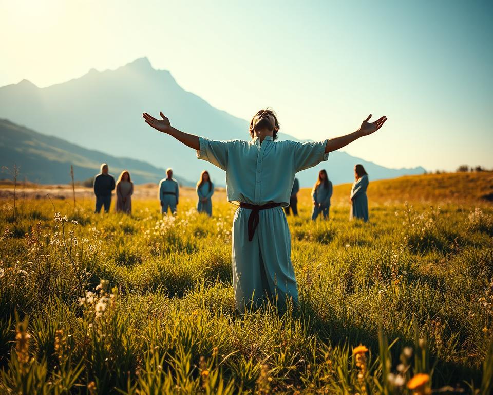 A serene, sun-dappled meadow, lush with verdant grasses and wildflowers. In the foreground, a lone figure stands with arms outstretched, their face lifted heavenward in a posture of devotion and surrender. The figure's clothing is simple, yet elegant, conveying a sense of timeless piety. Behind them, a group of disciples gather in a semicircle, their expressions rapt as they listen intently to the teacher's words. The scene is bathed in a warm, golden light, creating an atmosphere of tranquility and spiritual awakening. In the distant background, a majestic mountain range rises, its peaks piercing the azure sky – a visual metaphor for the lofty aspirations of Christian discipleship. Hyper-realistic professional photography.