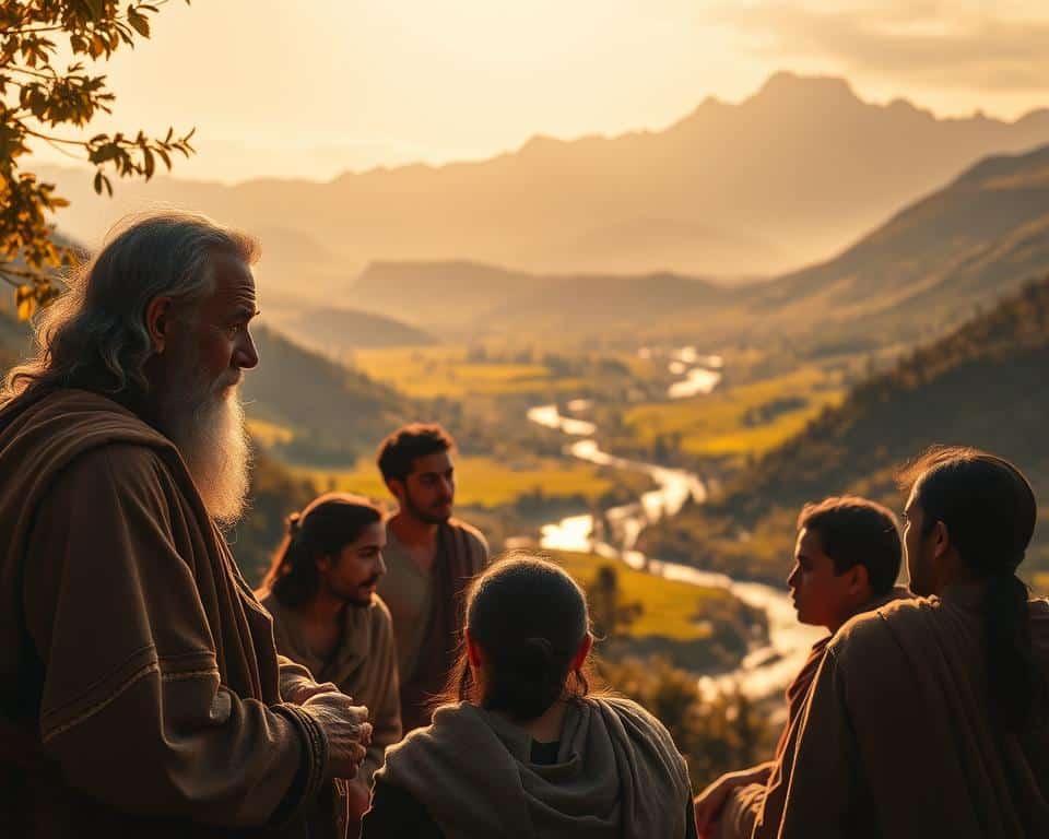 A serene, tranquil scene of biblical discipleship unfolds. In the foreground, a group of disciples gathered around a wise, weathered teacher, their faces rapt with attention as they lean in, eager to learn. The middle ground reveals a lush, verdant landscape, with rolling hills and a shimmering river winding through. Warm, golden light bathes the scene, casting a sense of timelessness and spiritual reverence. In the background, a towering, majestic mountain range stands as a silent witness, its peaks piercing the sky. The overall atmosphere evokes a deep sense of contemplation, guidance, and the transformative power of discipleship.