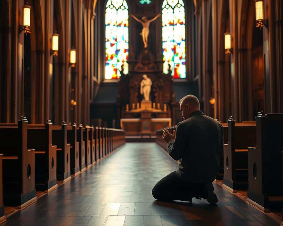 A serene, well-lit cathedral interior, with stained glass windows casting warm, multicolored light. In the foreground, a lone figure kneels in prayer, their hands clasped, face illuminated by the ethereal glow. In the middle ground, rows of wooden pews recede into the distance, their grain and texture visible. The background features a large, ornate altar adorned with intricate carvings and a towering crucifix, symbolic of the union between faith and reason in Christian theology. The scene radiates a sense of tranquility and contemplation, inviting the viewer to ponder the delicate balance between belief and logic.