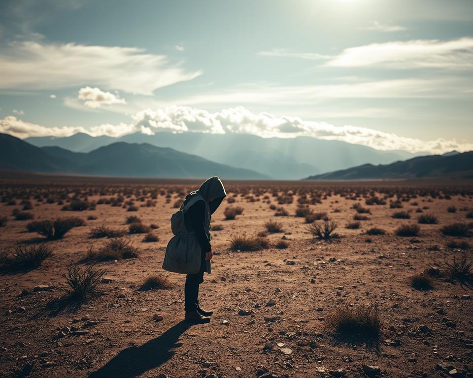 A solitary figure stands amidst a barren, sun-dappled landscape, their eyes downcast, the weight of their burden evident in the slump of their shoulders. Distant mountains loom on the horizon, their peaks shrouded in wispy clouds, a metaphor for the challenges that lie ahead. The lighting is soft and diffused, creating an atmosphere of introspection and contemplation. The camera angle is slightly elevated, giving a sense of the vastness of the scene and the individual's smallness within it. This hyper-realistic image captures the essence of the cost of discipleship – the personal sacrifice, the difficult choices, and the willingness to embrace a path that may lead to hardship, but ultimately to a greater purpose.