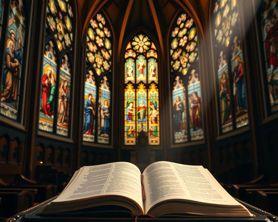 A stately church interior, its arched windows casting a warm, golden glow. Intricate stained glass panels depict scenes from the New Testament, their vibrant colors and fine details meticulously rendered. In the foreground, an open book lies on an ornate lectern, its pages illuminated by a shaft of light, symbolizing the historical reliability and enduring influence of the Christian scriptures. The overall atmosphere conveys a sense of reverence, wisdom, and the weight of centuries-old traditions. Hyper-realistic professional photography, wide-angle lens, dramatic lighting and depth of field.