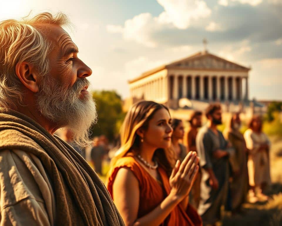 A sun-drenched biblical landscape, illuminated by a warm, golden light. In the foreground, a weathered patriarch gazes heavenward, his face etched with unwavering faith. Beside him, a woman bows in reverent prayer, her hands clasped, radiating a profound sense of trust. In the middle ground, a group of disciples stand in contemplation, their expressions reflecting the depth of their spiritual beliefs. In the distance, a majestic temple rises, its intricate architecture a testament to the devotion of the faithful. The scene is captured with a shallow depth of field, drawing the viewer's attention to the central figures and their profound connection to the divine.