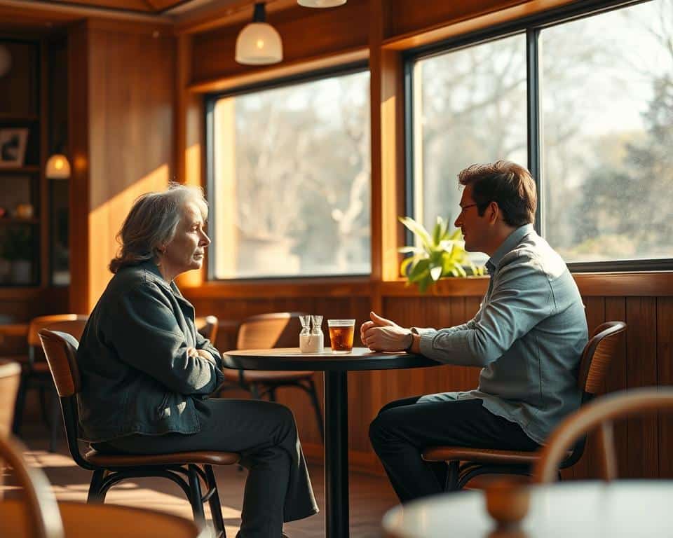 A sunlit cafe interior, two people seated at a small table engaged in thoughtful discussion. Warm wood tones, muted colors, and soft, diffused lighting create an atmosphere of tranquility and openness. Faces are visible, expressions neutral yet attentive, body language relaxed and open. The scene evokes a sense of mutual respect, active listening, and a genuine exchange of perspectives. The camera angle is slightly elevated, capturing the interaction from an unobtrusive, fly-on-the-wall perspective. Hyper-realistic, professional photographic quality.