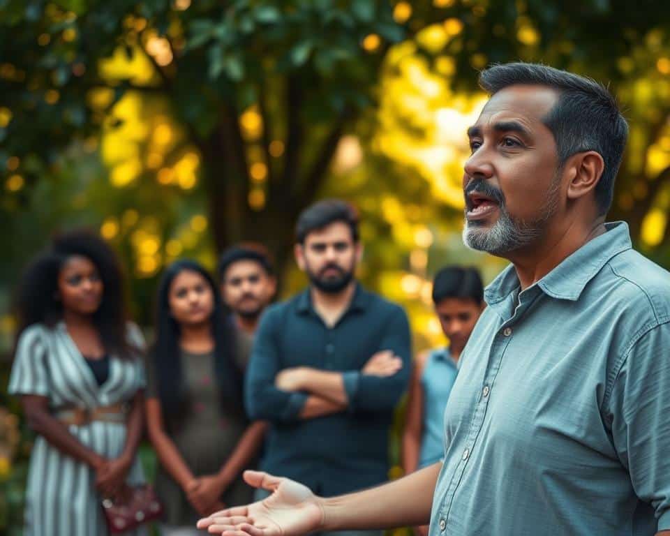 A testimony-giving scene set against a backdrop of a lush, verdant garden. In the foreground, a person stands with an open, expressive posture, their face filled with sincerity as they share their personal story of faith and growth. The middle ground features other disciples intently listening, their faces reflecting a sense of connection and understanding. In the background, a warm, golden light filters through the canopy of trees, creating a serene and contemplative atmosphere. The lighting is soft and natural, with subtle shadows and highlights accentuating the subjects' features. The overall composition conveys the power and importance of testimony in the discipleship journey.