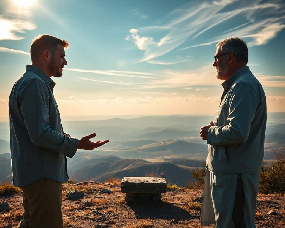A thoughtful discussion on a serene hilltop, with two people engaged in a constructive dialogue. Sunlight filters through wispy clouds, casting a warm, contemplative glow. The foreground features two individuals, one gesturing with an open palm, the other listening intently. In the middle ground, a small stone bench provides a place for quiet reflection. The background showcases a tranquil landscape, with rolling hills and a distant horizon, symbolizing the expansive nature of faith and understanding. Captured with a high-quality DSLR camera, the image conveys a sense of wisdom, empathy, and a desire to bridge gaps in religious comprehension.