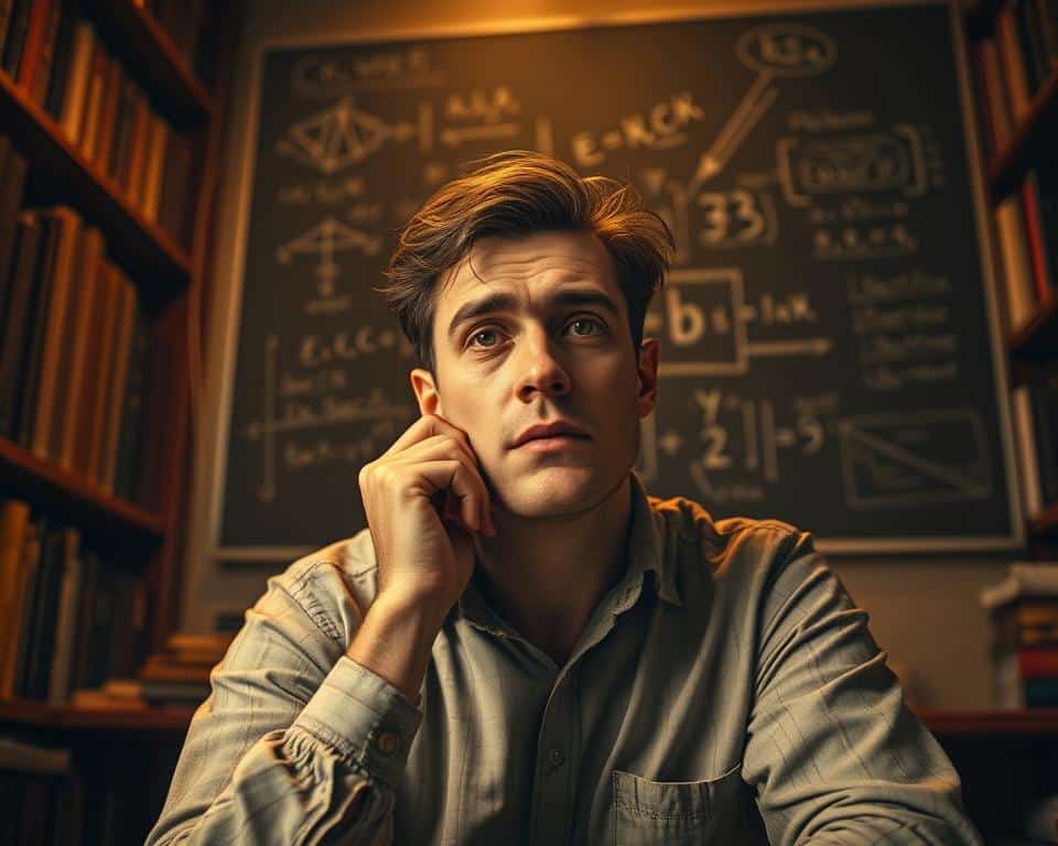 A thoughtful, pensive individual sits in a dimly lit study, surrounded by shelves of books and a chalkboard filled with equations and diagrams. The scene is bathed in a warm, golden light, creating a contemplative atmosphere. The subject's expression is one of deep contemplation, their brow furrowed as they consider the complex ideas before them. The camera angle is slightly low, emphasizing the subject's focus and intensity. The background is hazy, creating a sense of isolation and introspection. Hyper-realistic professional photography.