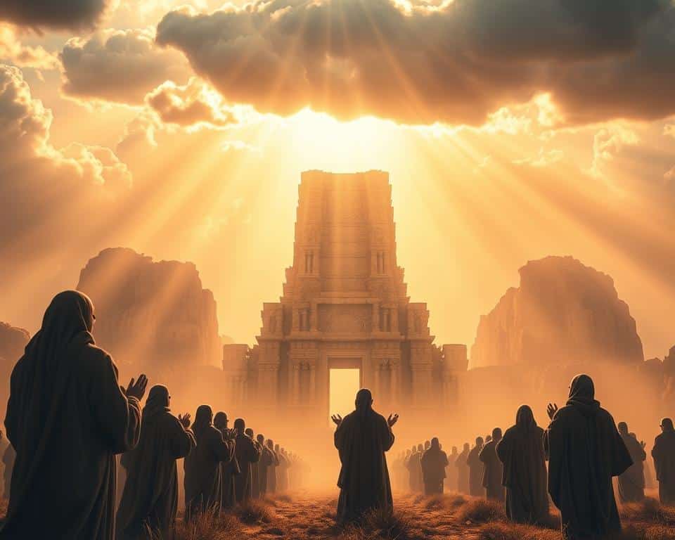 A vast, ethereal landscape stretches before the viewer, bathed in a soft, golden light. In the center, a towering, ancient stone structure rises, its intricate carvings and weathered facade evoking a sense of timeless mystery. Figures, shrouded in flowing robes, stand in reverence before the structure, hands clasped in prayer as they gaze upwards, their expressions imbued with a profound sense of awe and anticipation. Rays of light filter through the clouds, casting a divine glow upon the scene, hinting at the power and significance of the prophetic vision unfolding. The atmosphere is one of reverence, wonder, and the weight of a profound, otherworldly revelation.