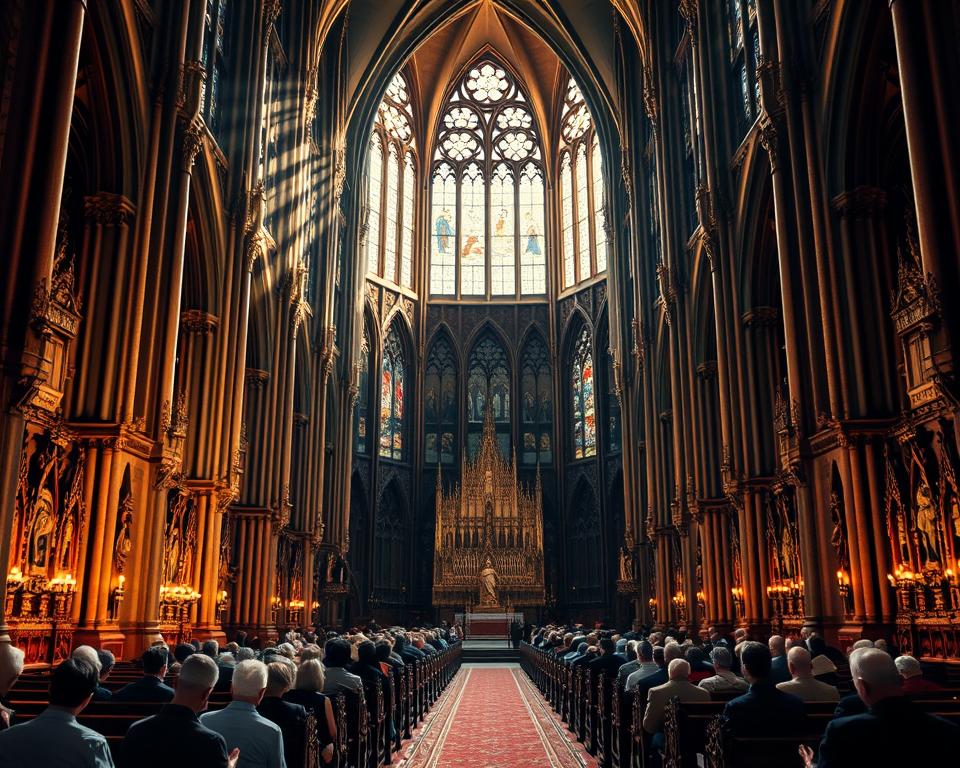 A vast, majestic cathedral stands proudly, its towering spires piercing the sky. Intricate stained-glass windows cast a warm, reverent glow, as sunlight filters through the ornate Gothic architecture. In the foreground, a group of worshippers kneel in prayer, their faces illuminated by the divine light. The middle ground is a seamless blend of ornate altars, carved wooden pews, and a grand central aisle leading to the altar. The background is a rich, textured tapestry of religious symbols and imagery, creating a sense of timeless spiritual contemplation. The overall scene conveys a profound, awe-inspiring atmosphere of Christian faith and devotion.