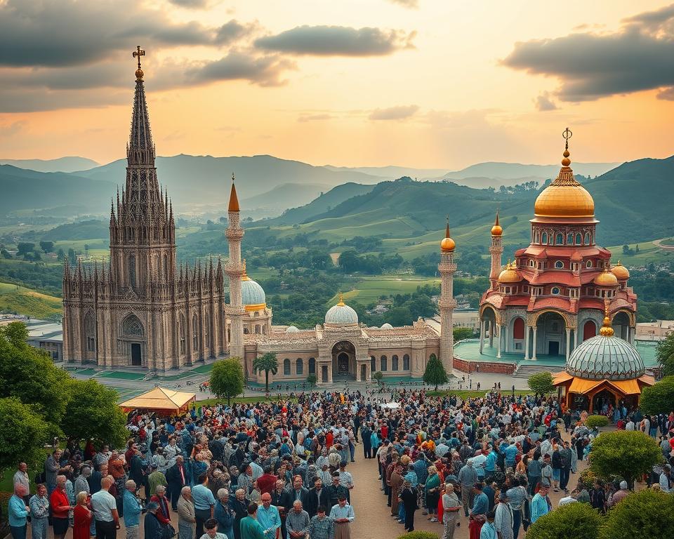 A vast panoramic scene depicting the world's major religious traditions. In the foreground, intricate architectural elements representing the major religious structures - a towering cathedral, a grand mosque, a majestic temple, and a simple chapel. In the middle ground, diverse congregations of believers, each engaged in their respective rituals and practices. The background showcases the natural world, with lush greenery, rolling hills, and a serene sky suffused with warm, golden light. The entire composition conveys a sense of harmony, diversity, and the timeless interconnectedness of the human spiritual experience. Captured with a wide-angle lens, the image is rendered in crisp, hyper-realistic detail, inviting the viewer to immerse themselves in the multifaceted tapestry of global faith.