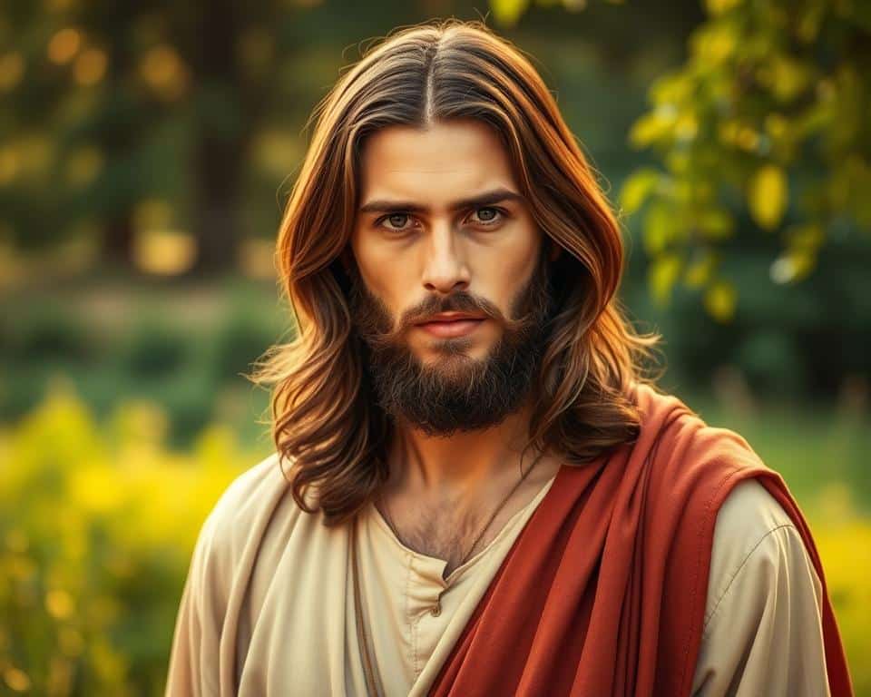 A warm, intimate portrait of Jesus, shoulder-length hair and serene expression, gazing intently at the viewer. He stands in a softly lit, pastoral setting, surrounded by lush greenery and a gentle, golden glow. The focus is on the relationship between Jesus and the observer, conveying a sense of understanding, acceptance and guidance for the new believer's journey of discipleship.