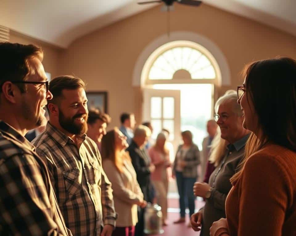 A warm, inviting gathering of believers in a cozy church setting, bathed in soft, natural lighting. In the foreground, a group of men and women engaged in animated conversation, their expressions conveying a sense of camaraderie and genuine connection. In the middle ground, smaller clusters of people share laughter and fellowship, while in the background, a welcoming entryway and subtle architectural details create a sense of belonging. The overall atmosphere is one of comfort, community, and the nurturing of meaningful relationships within the context of a Christian small group.