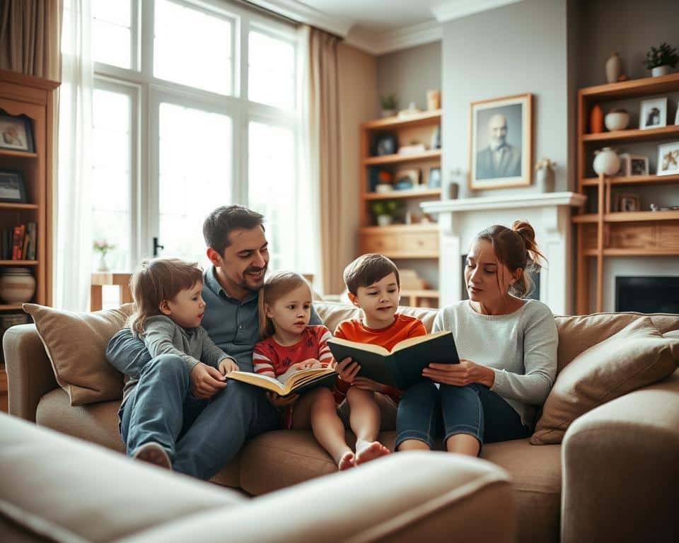 A warm, inviting living room scene with a family engaged in discipleship. In the foreground, a father and mother sit on a plush sofa, intently discussing the Bible with their two children, a boy and a girl, who listen attentively. Soft, natural lighting filters through large windows, casting a serene glow on the intimate family gathering. The room is tastefully decorated with family photos, bookshelves, and a cozy fireplace, creating a comfortable, home-like atmosphere. The family's expressions convey a sense of closeness, learning, and spiritual growth. Captured with a wide-angle lens to emphasize the familial bond and the importance of discipleship within the home.