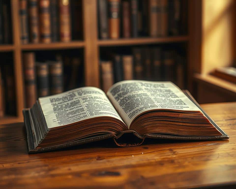 A weathered, aged leather-bound Bible rests on a wooden table, its pages open to reveal ancient text. Soft, warm lighting casts a serene, contemplative atmosphere, highlighting the volume's historical significance. In the background, a blurred bookshelf stands as a testament to the Bible's place among other important historical sources. The composition invites the viewer to consider the weight and authority of this revered text as a window into the past.