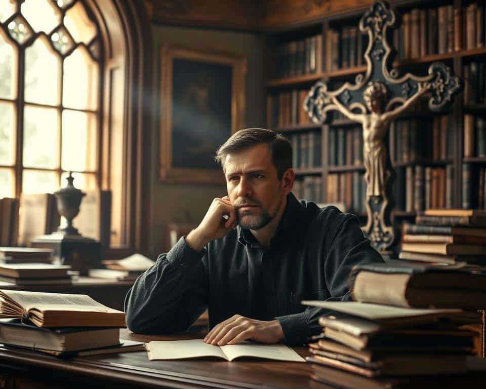 A well-lit study, with a thoughtful scholar seated at a wooden desk. Books and manuscripts surround them, symbolizing the pursuit of knowledge. A large, ornate cross stands prominently in the background, representing the defense of faith. Soft, warm lighting illuminates the scene, creating an atmosphere of contemplation and reason. The scholar's expression is one of deep focus, their gaze intense as they engage in the work of Christian apologetics. The composition emphasizes the balance between faith and intellect, inviting the viewer to consider the harmony between spiritual belief and logical reasoning.