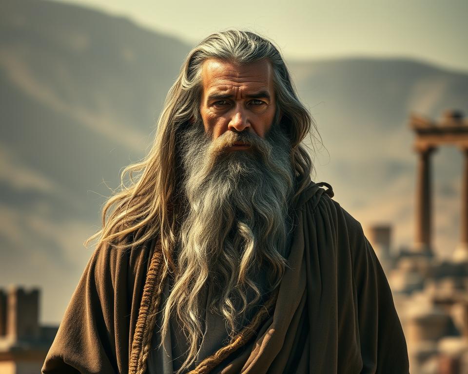 A wise and weathered biblical prophet stands tall, his long gray beard and robes flowing in the wind. He gazes intently, his piercing eyes conveying a sense of profound insight and divine connection. Dramatic lighting casts deep shadows across his weathered face, creating an air of mysticism and gravity. The background is a hazy, ethereal landscape, with subtle hints of ancient ruins or sacred architecture. The overall scene evokes a sense of timelessness, as if this prophet could have emerged from any era of biblical history, delivering a message of profound importance.