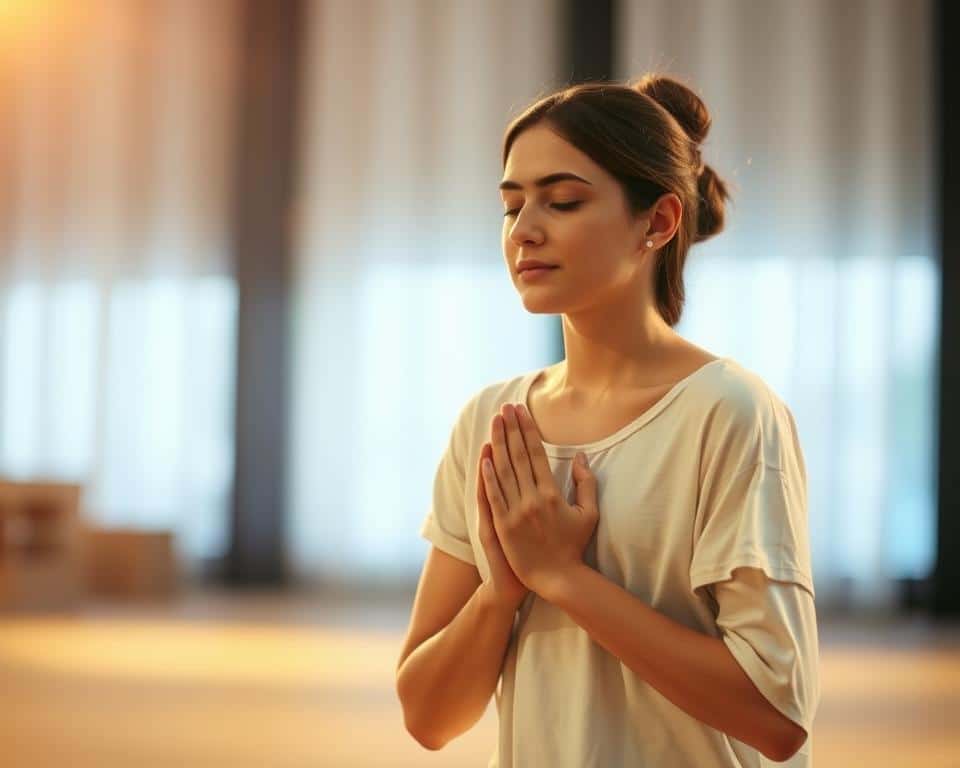 A young woman kneeling in contemplative prayer, her hands clasped, eyes closed, and expression serene. Soft, warm lighting bathes her in a gentle glow, creating a reverent atmosphere. The background is blurred, placing the focus on her intimate connection with the divine. The scene evokes a sense of peace, dedication, and the importance of prioritizing one's spiritual devotion amidst the demands of daily life.