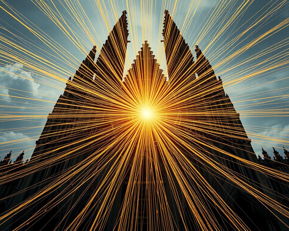 An intricate web of golden threads, each a fundamental tenet of moral philosophy, weaves a tapestry of ethical principles. Against a backdrop of a majestic cathedral-like structure, the strands converge at a central focal point, signifying the objective moral law – a universal standard of right and wrong, guiding the individual's conscience and the collective conscience of humanity. Rays of warm, ethereal light emanate from this nexus, illuminating the grandeur and timeless nature of moral truth. The composition evokes a sense of awe, reverence, and the profound significance of moral absolutes, serving as a visual representation of the foundational underpinnings of Christian ethics.